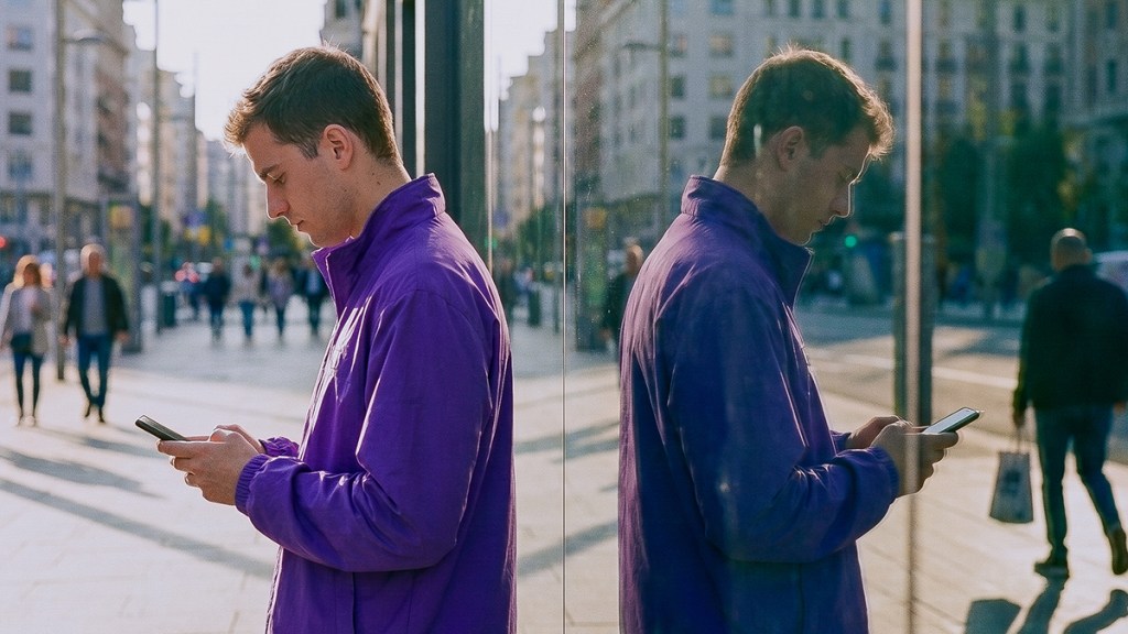 como-evitar-robo-de-identidad_Header Persona con suéter morado usando su celular en una calle urbana, reflejada en una vitrina de vidrio, rodeada de gente caminando.