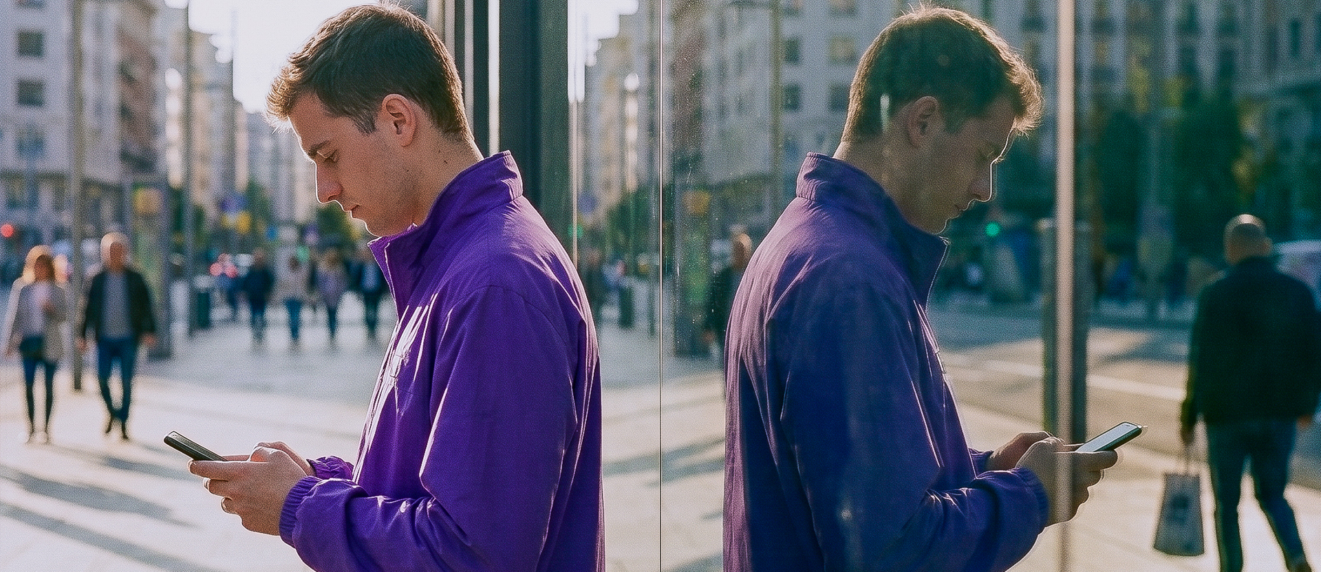 Persona con suéter morado usando su celular en una calle urbana, reflejada en una vitrina de vidrio, rodeada de gente caminando.