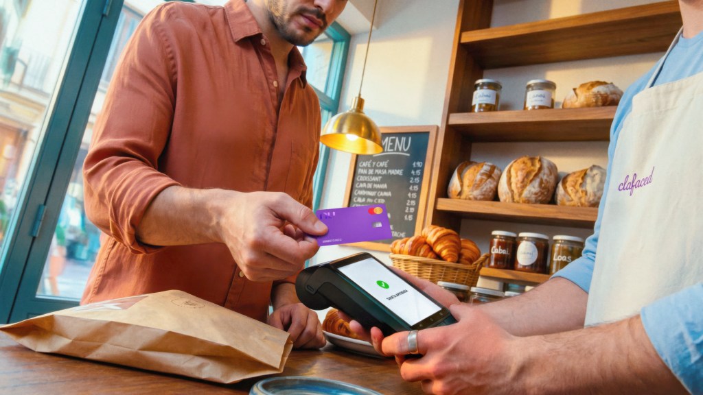 Persona entregando su tarjeta morada Nu a un vendedor en una cafetería, quien sostiene una terminal de pago.
