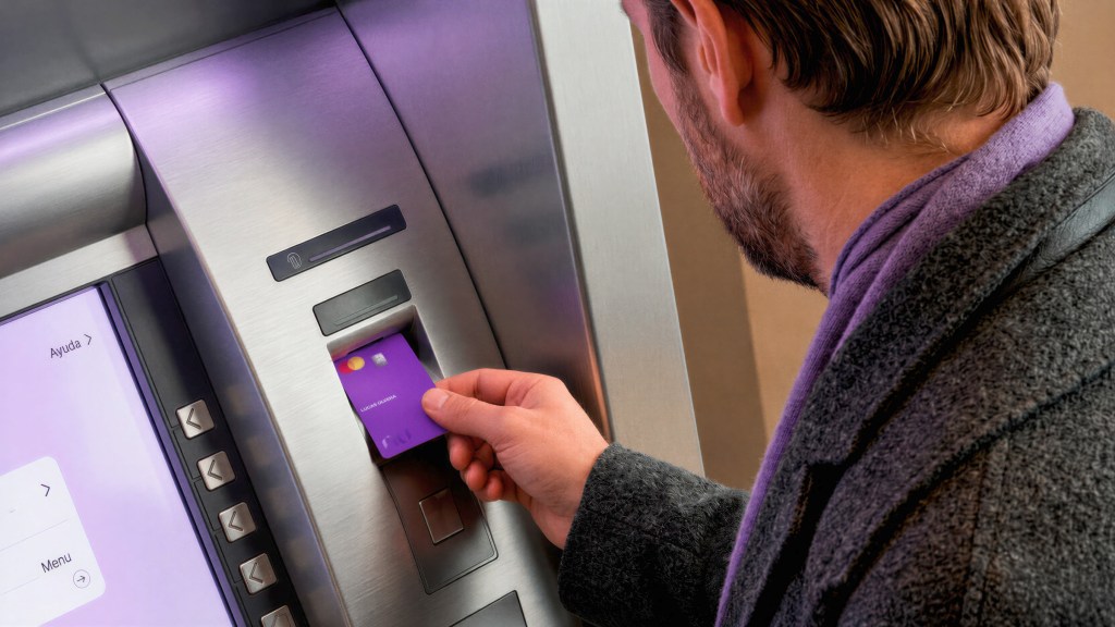 Persona usando su tarjeta morada en un cajero automático para retirar efectivo, ilustrando la red de retiro de efectivo disponible en México para clientes Nu.