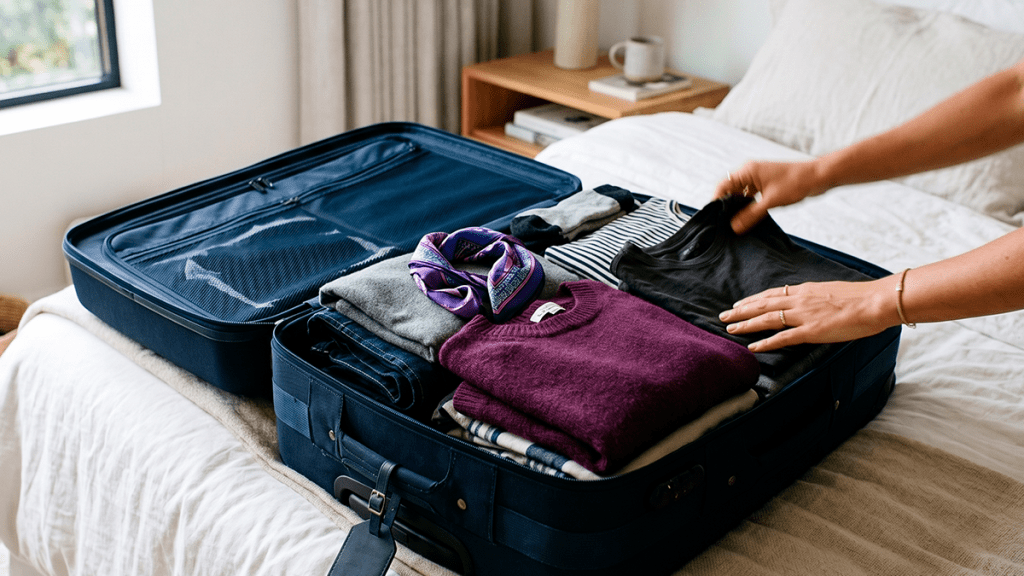 gastos-de-viaje_Header Maleta abierta sobre una cama con ropa doblada, lista para organizar el presupuesto antes de un viaje.