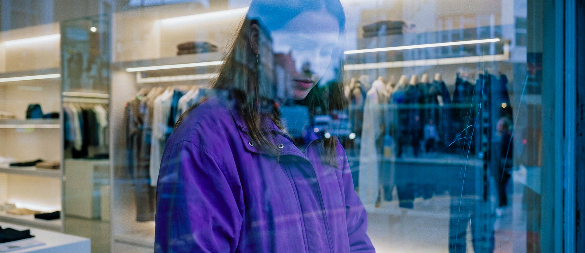 Mujer con chamarra morada frente al aparador de una tienda de ropa, pensativa antes de tomar una de sus decisiones financieras.