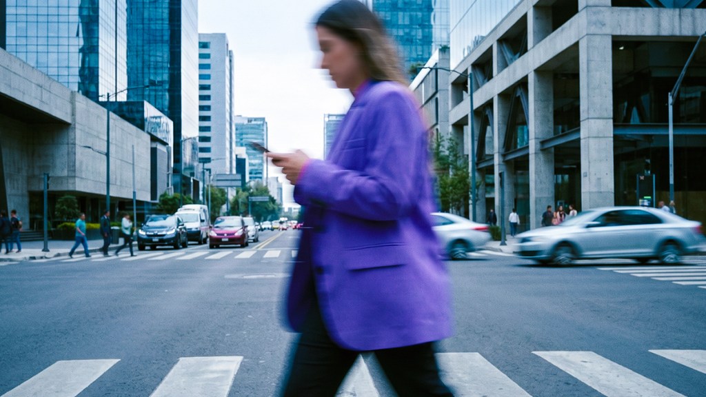 tipos-de-phishing_Header Mujer con blazer morado cruza una calle mientras revisa su celular, una escena cotidiana donde conocer los tipos de phishing ayuda a evitar fraudes.